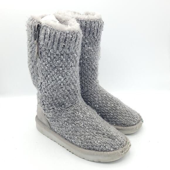 UGG Treadlite Silver Gray Sequin Knit Mid Calf Sweater Boots girls Size 13 - Picture 2 of 9